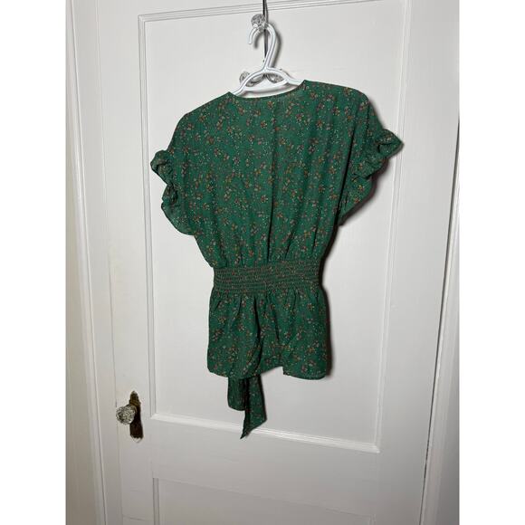 Max Studio Green Floral Ruffle Faux Wrap Short Sleeve Boho Top Blouse Medium - Picture 4 of 9